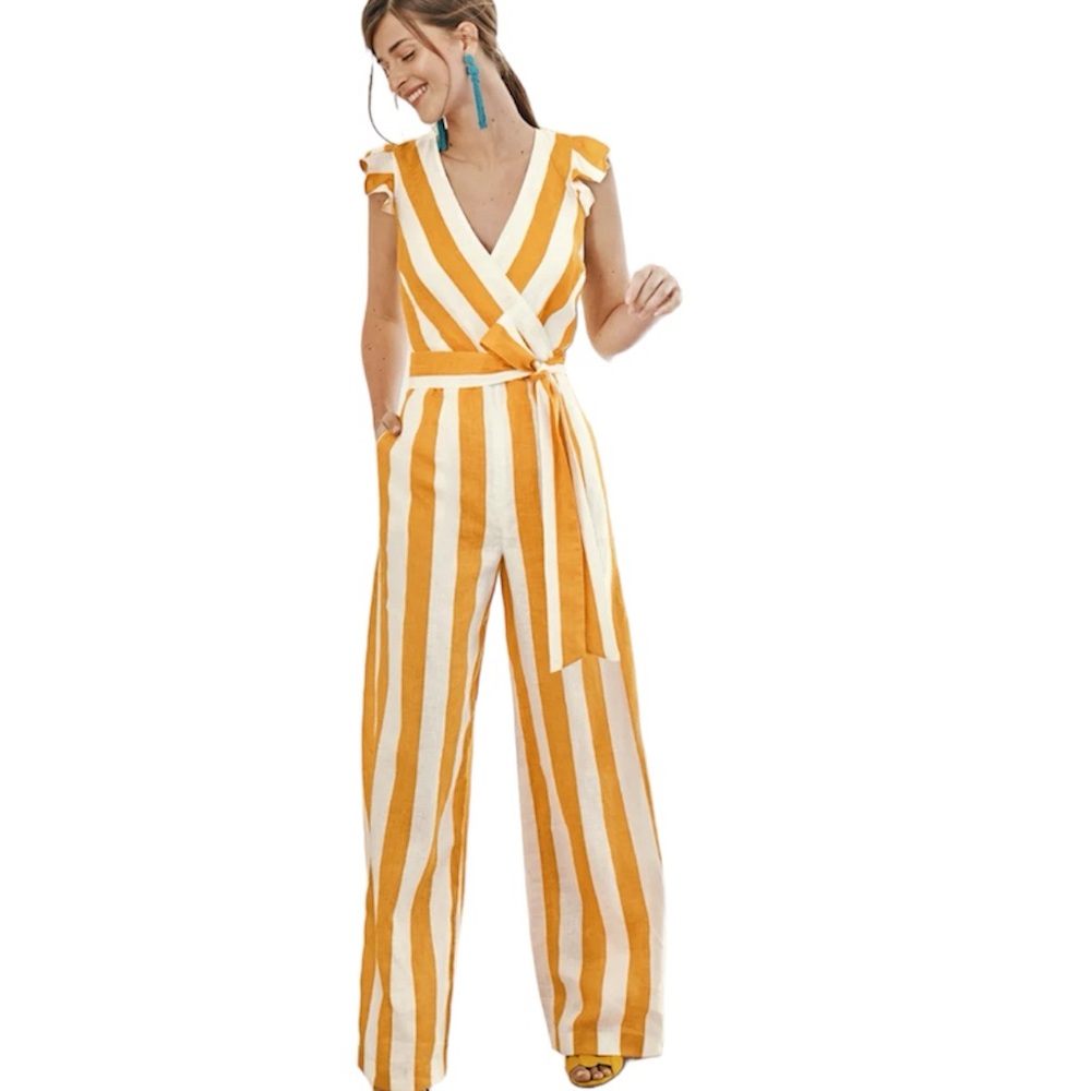 Boden 100% Linen Mila Gold Stripe Ruffle Sleeve Jumpsuit 6